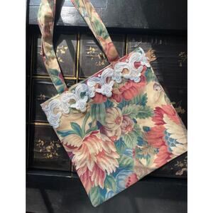 Handmade floral canvas tote bag with lace appliqué